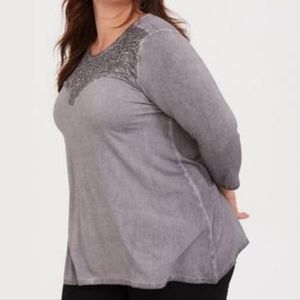 TORRID Super Soft Crew Neck Lace Yoke Sharkbite Hem Long Sleeve Top